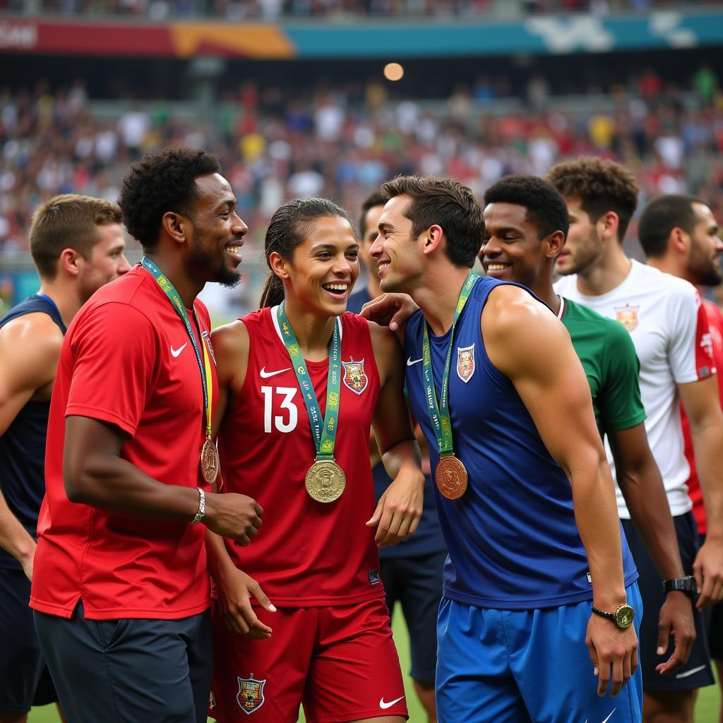 Athletes from different countries celebrating together at the 32nd ASEAN Games