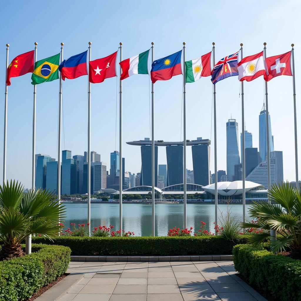 Singapore Skyline with ASEAN Flags