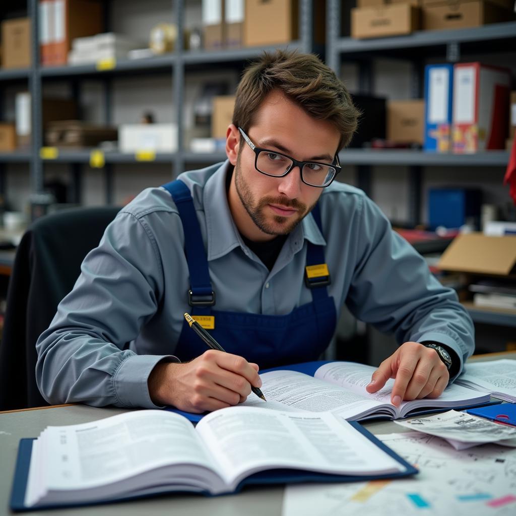 Technician studying for 609 ASE certification exam