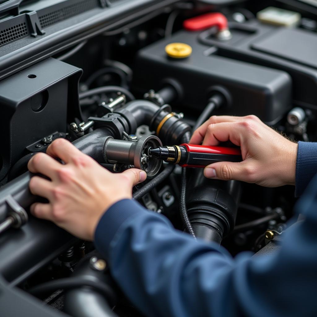 Technician working on a car A/C system