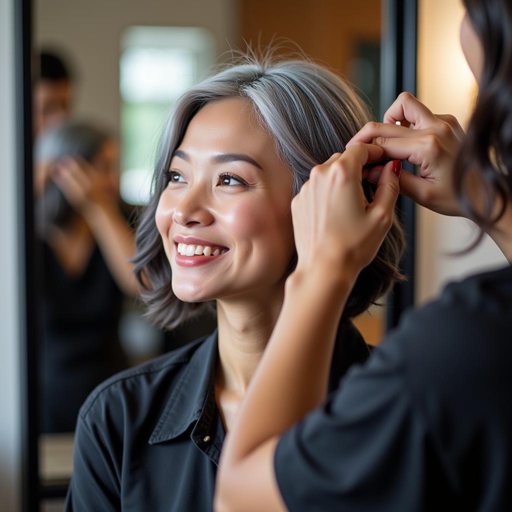 A woman getting her grey hair styled in a salon