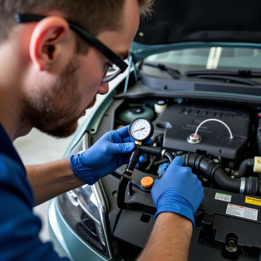 Technician working on car A/C system