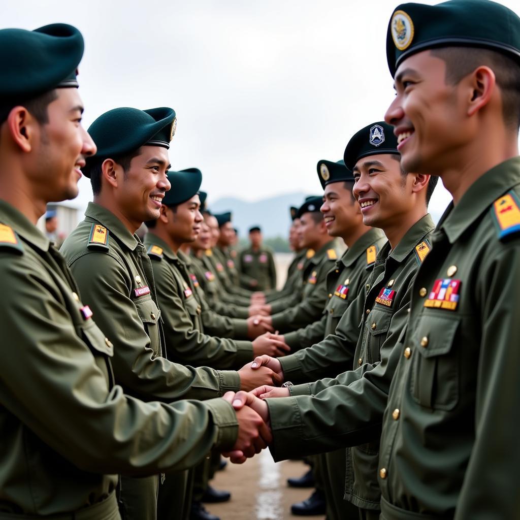 Soldiers from different countries shaking hands at the closing ceremony