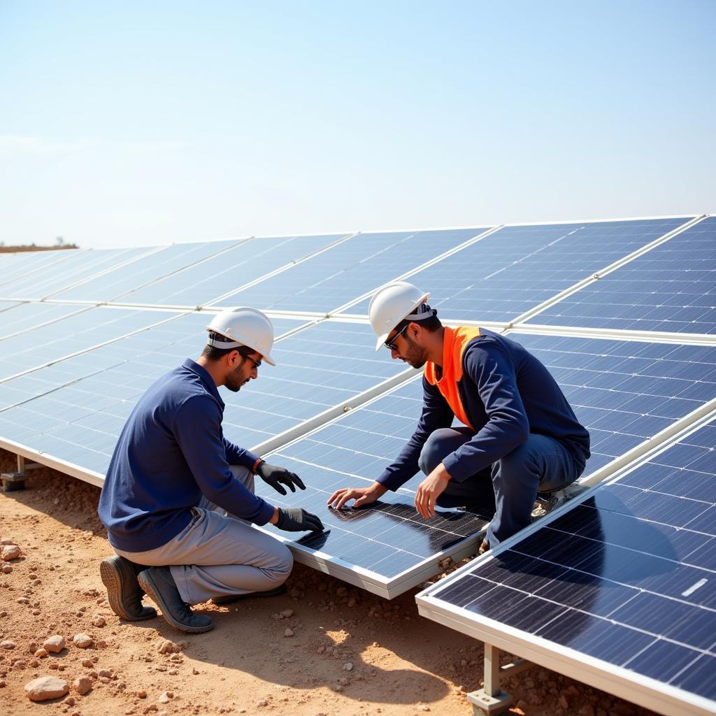 ABB AEIL technicians installing solar panels at a power plant in Saudi Arabia