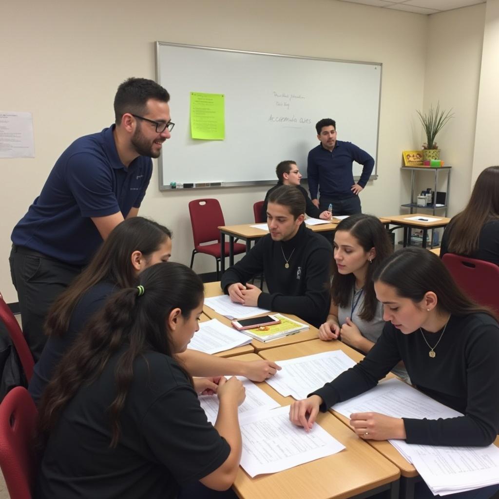 Students engaged in an interactive test preparation session at Academia Ases Valencia.