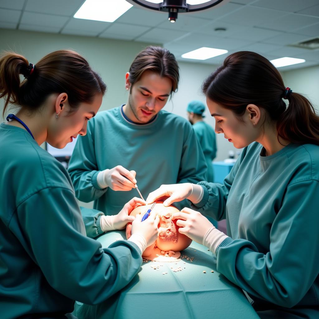 Medical students participating in surgical simulation