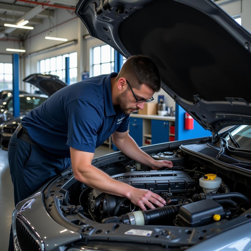 ASE Certified Technician working on a car engine