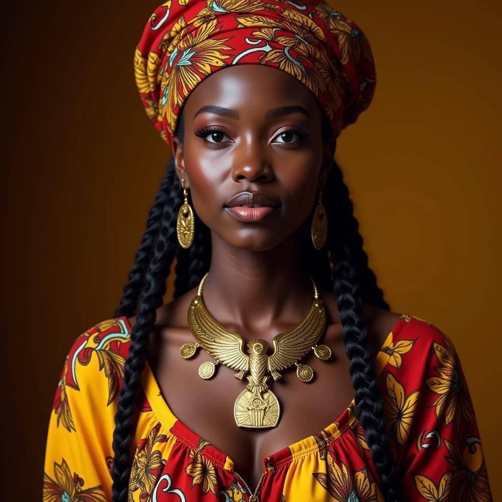 African Woman Wearing Traditional Clothing and Ase Kemet Necklace