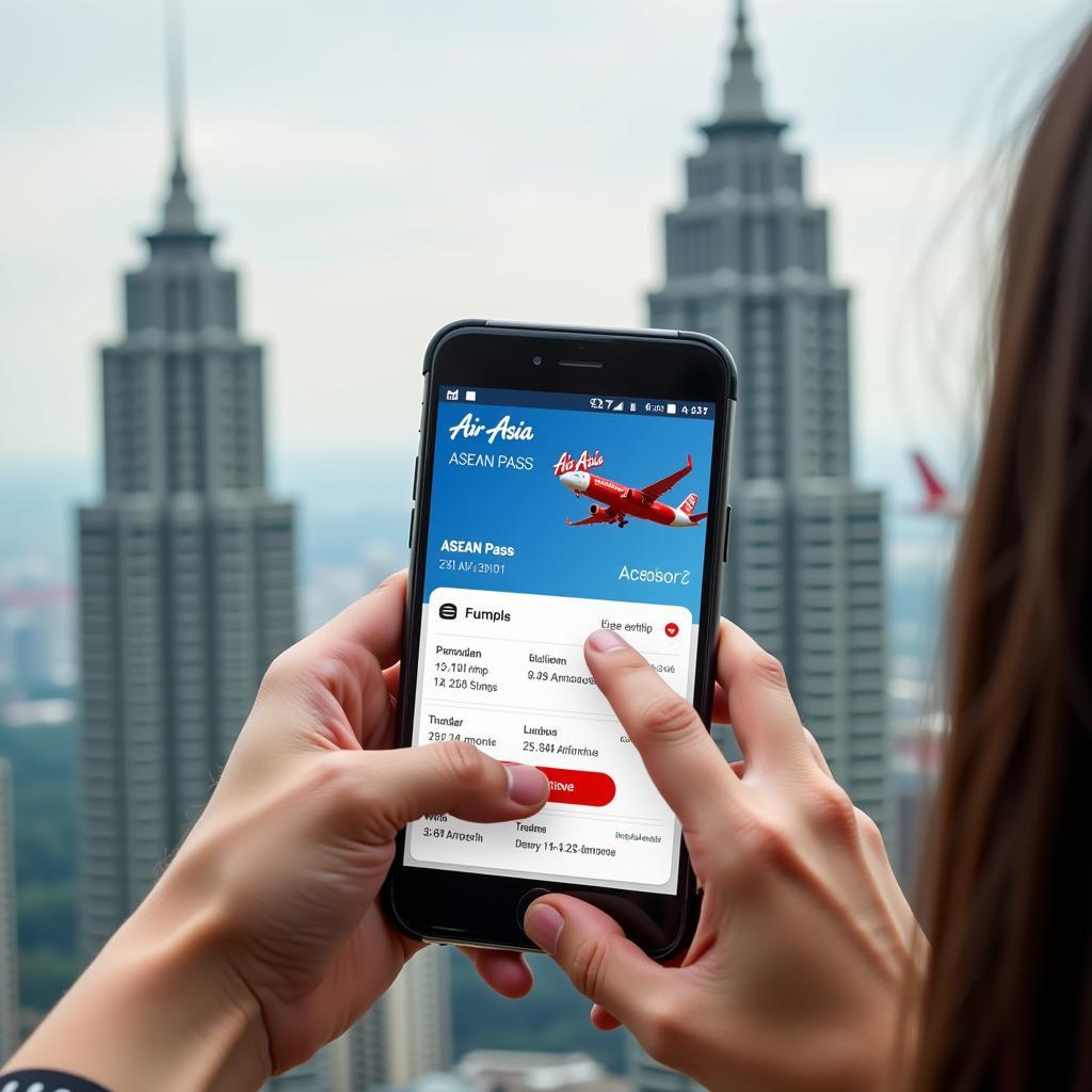 A person holding a smartphone displaying the AirAsia app with an ASEAN Pass itinerary.