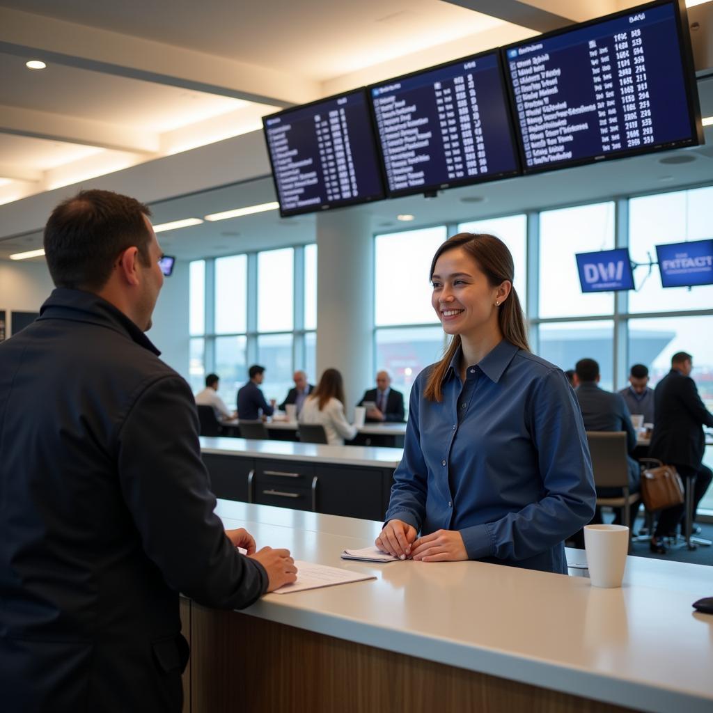 Airport Information Desk with Staff Assisting Traveler