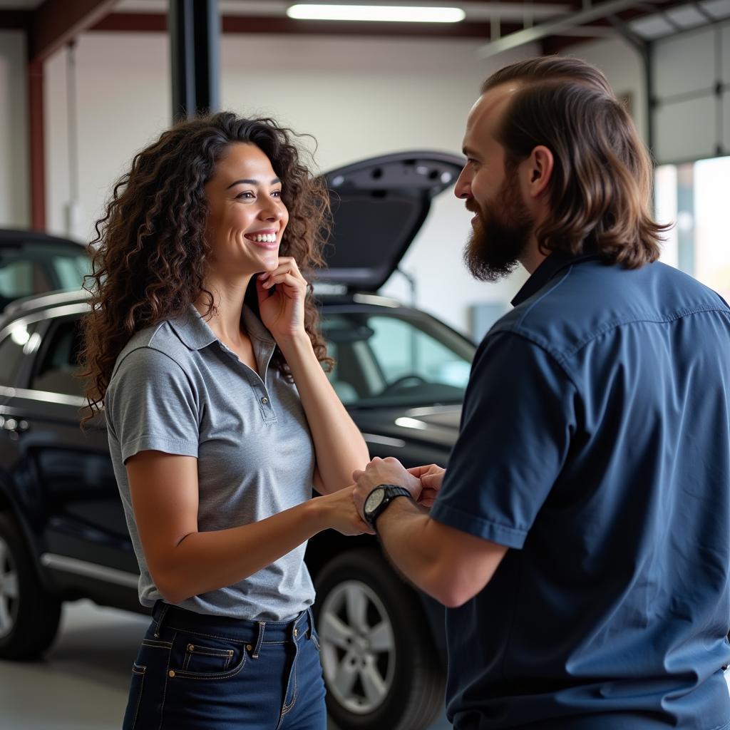 An Alabama car owner is engaged in a conversation with an ASE certified mechanic, discussing potential repair options for their vehicle. The mechanic is attentively listening to the owner's concerns and providing clear explanations.