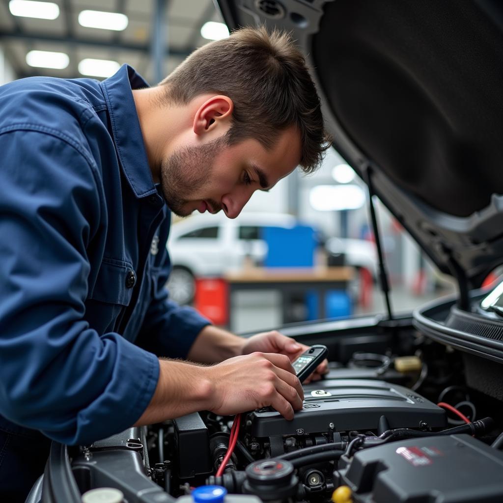 ASE certified mechanic in Alabama inspecting a car engine.