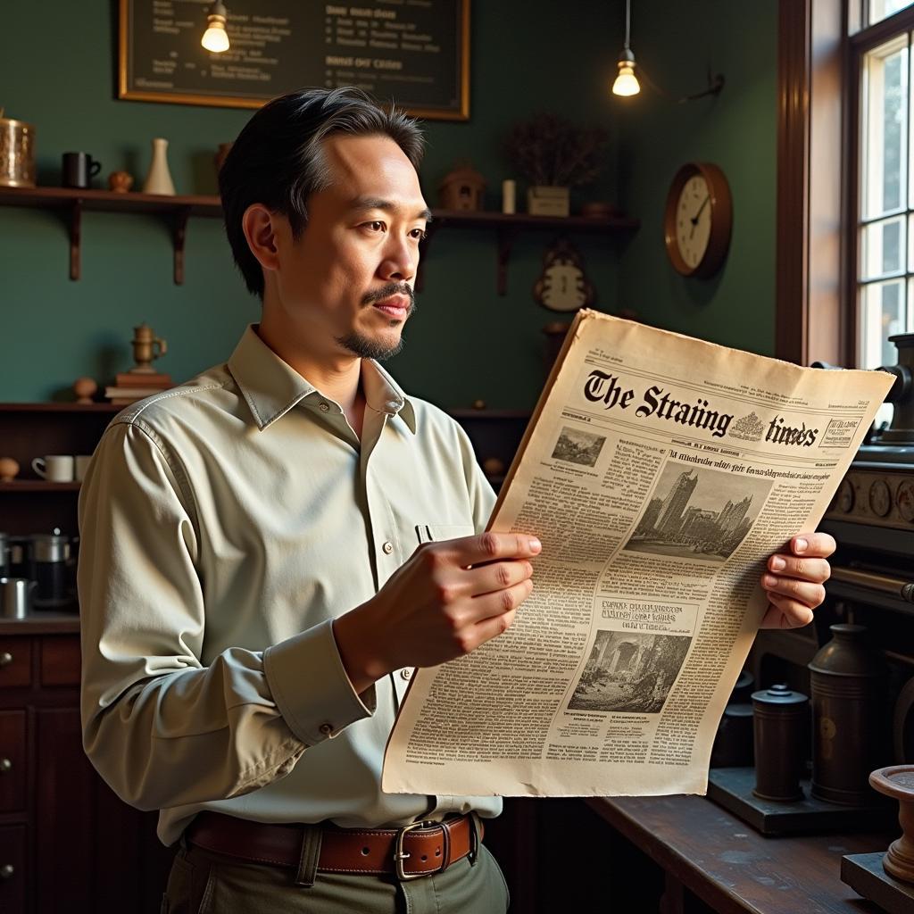 Alexander Asing Sadai with a copy of an early newspaper he worked on