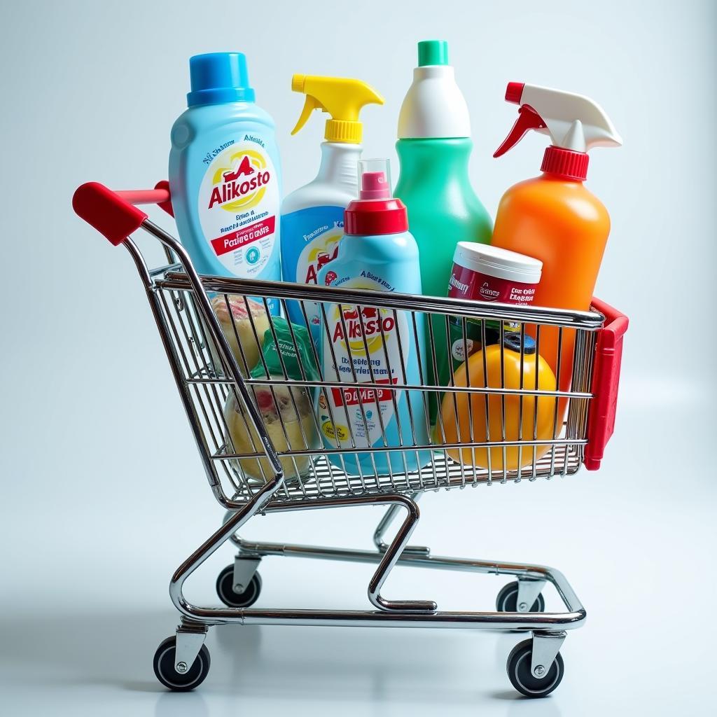 A shopping cart overflowing with Alkosto cleaning products, ready for checkout.