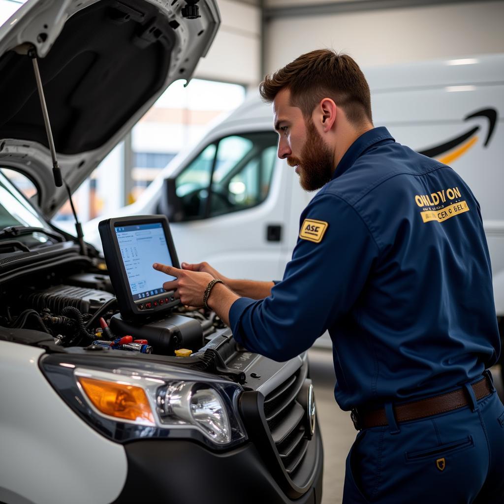 Amazon ASE Certified Technician Working on a Delivery Van