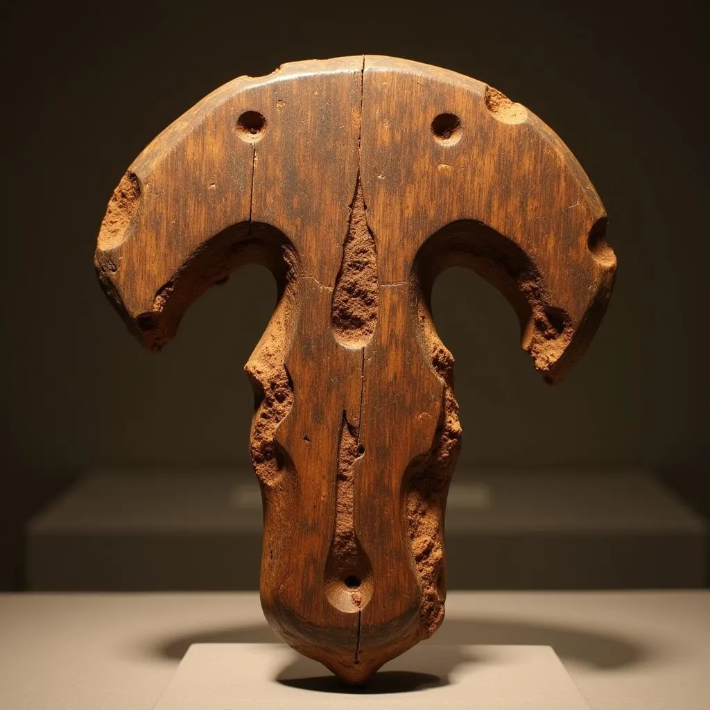 Ancient Wooden Axe Head Displayed in a Museum