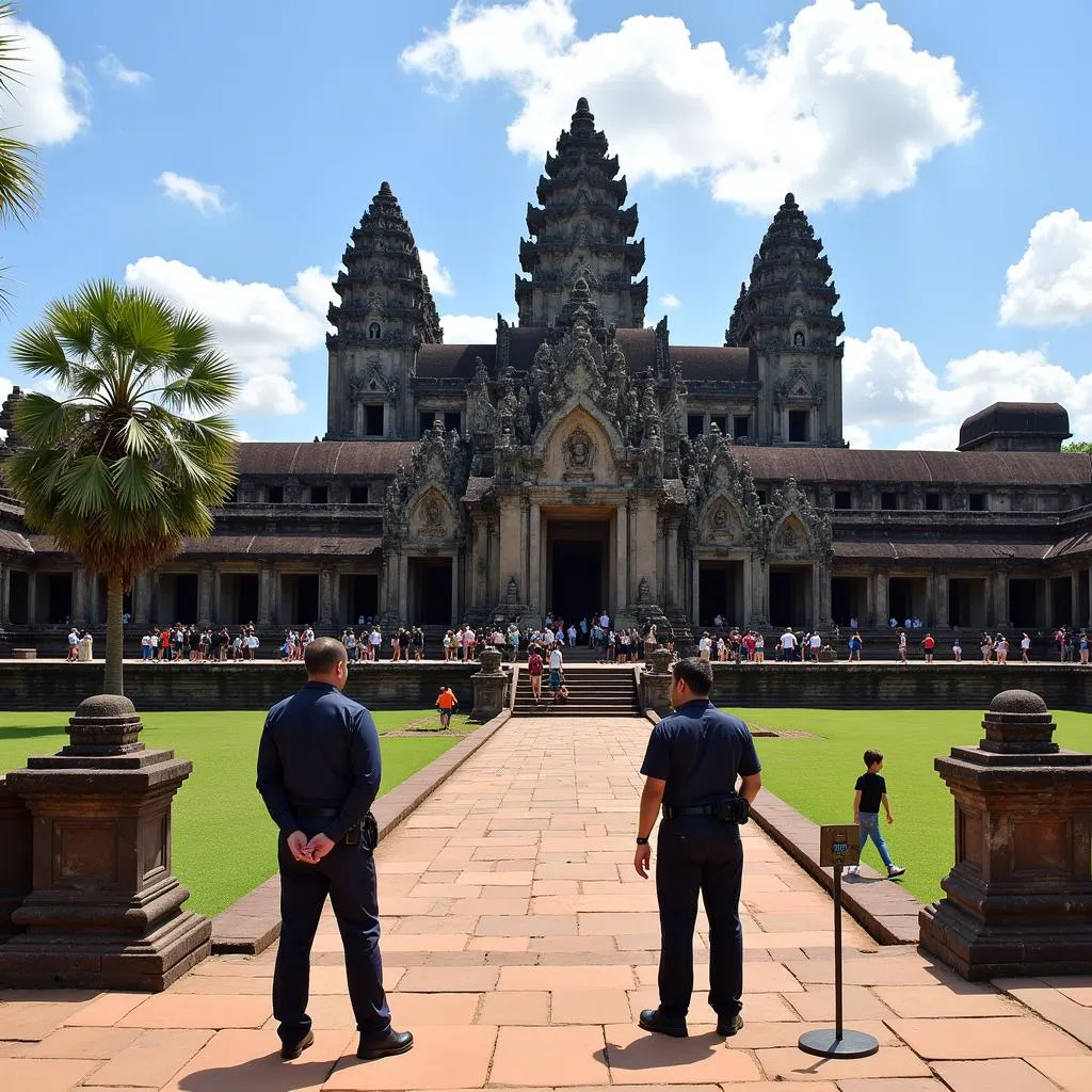 Photograph of security personnel and surveillance equipment at Angkor Wat