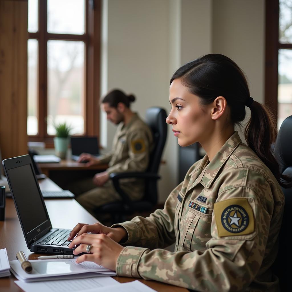 Army National Guard member working on a computer