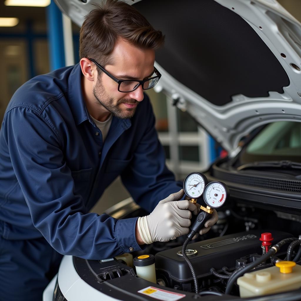 ASE certified technician working on a car AC system