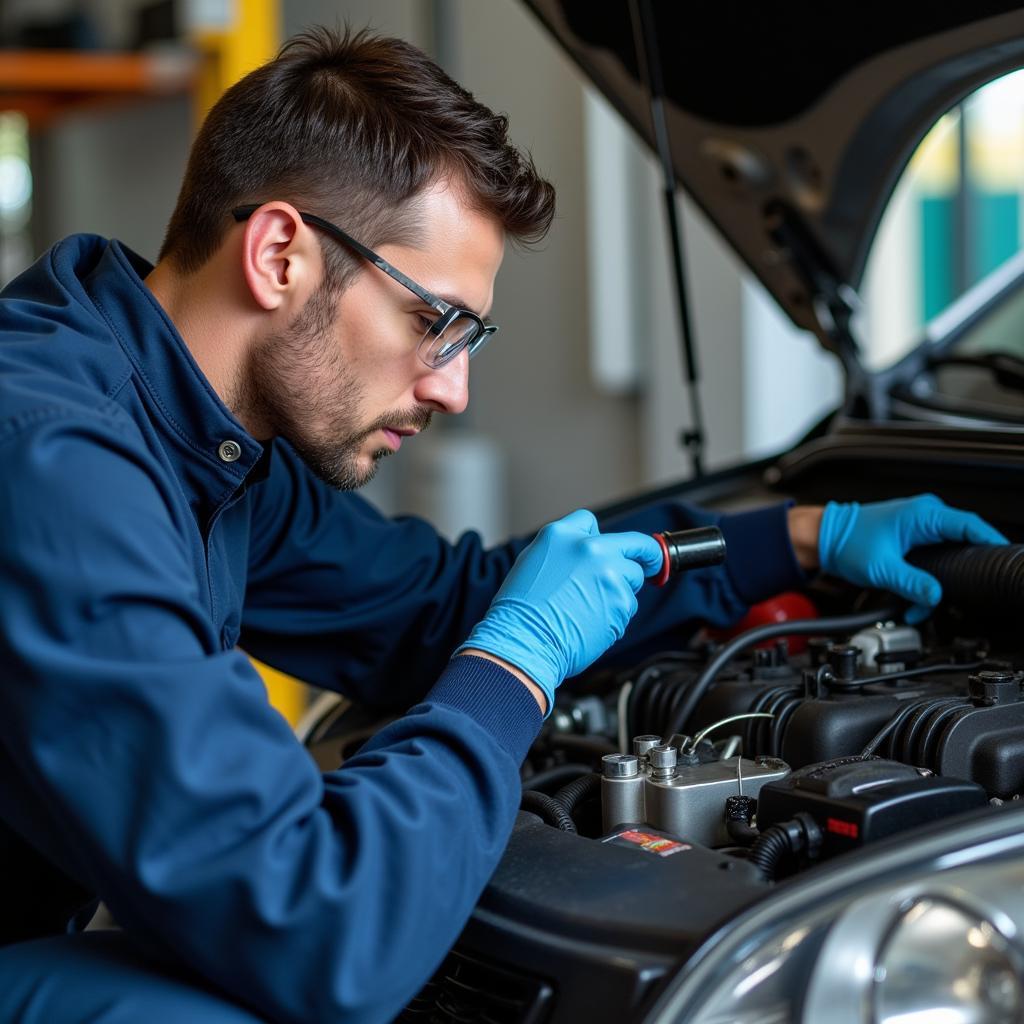 Technician working on a vehicle's AC system