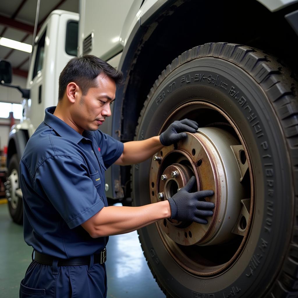 ASE Air Brake Technician Working on Truck