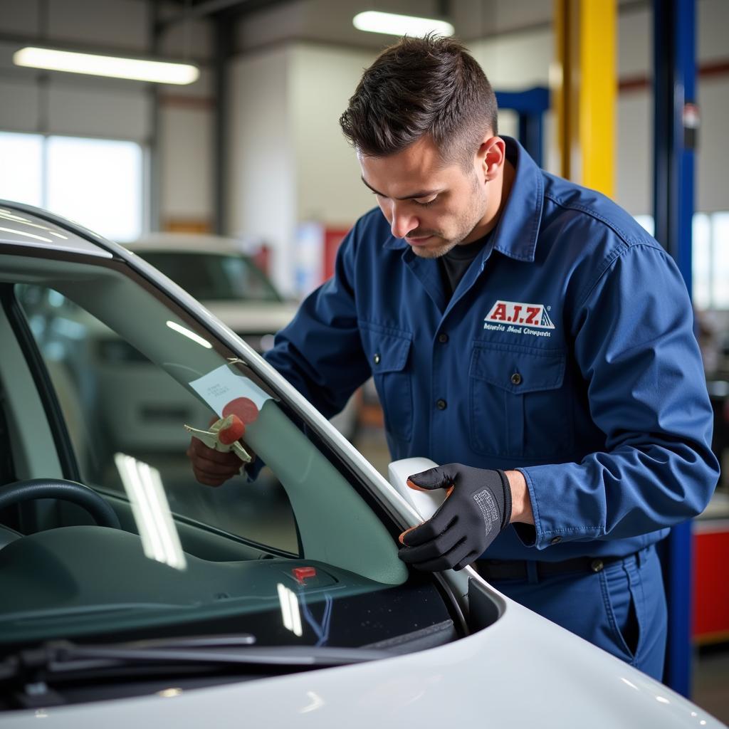 ASE Auto Glass Technician Installing a Windshield