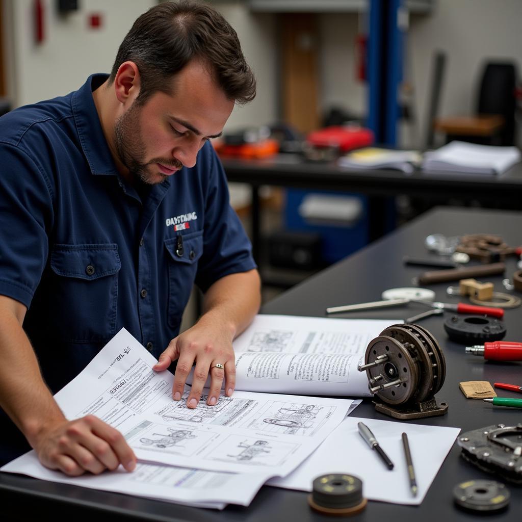 Technician Studying for ASE Brake Test