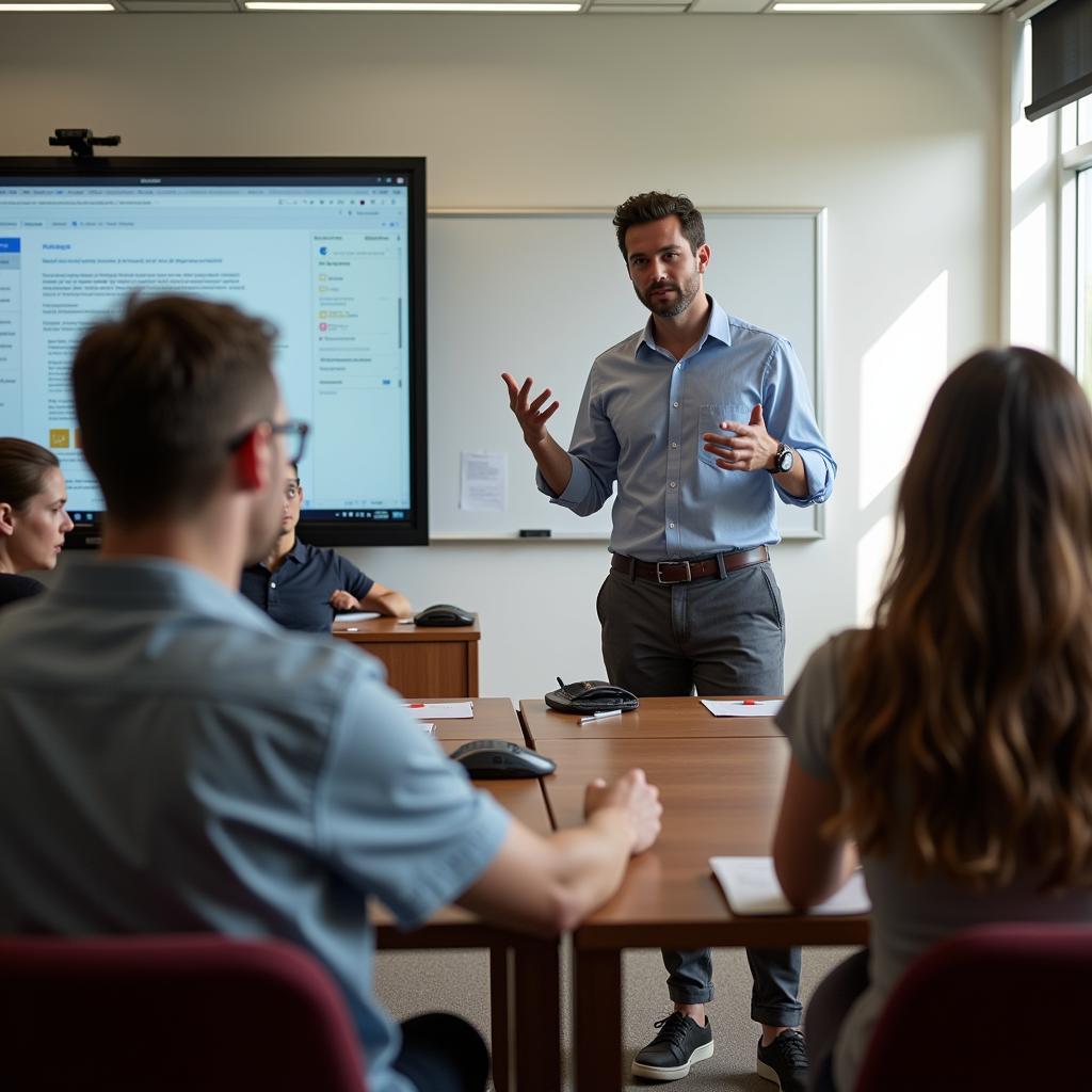 An experienced professor engagingly leading an accounting class at ASE Bucharest