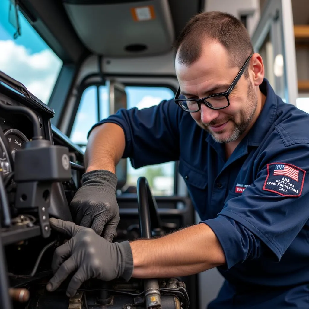 ASE Bus Technician Working on Engine