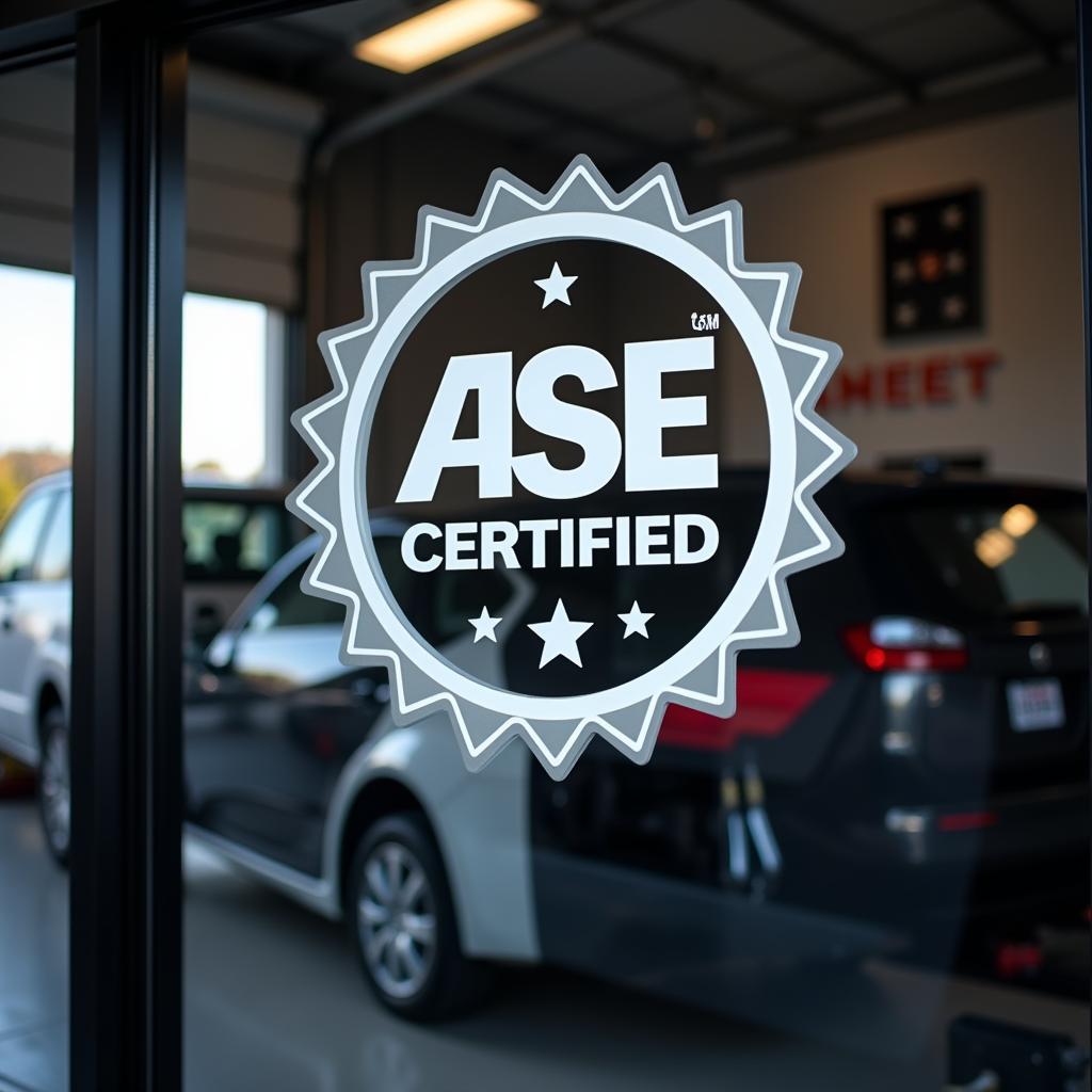 The ASE Certification Logo Displayed on a Mechanic's Shop Window