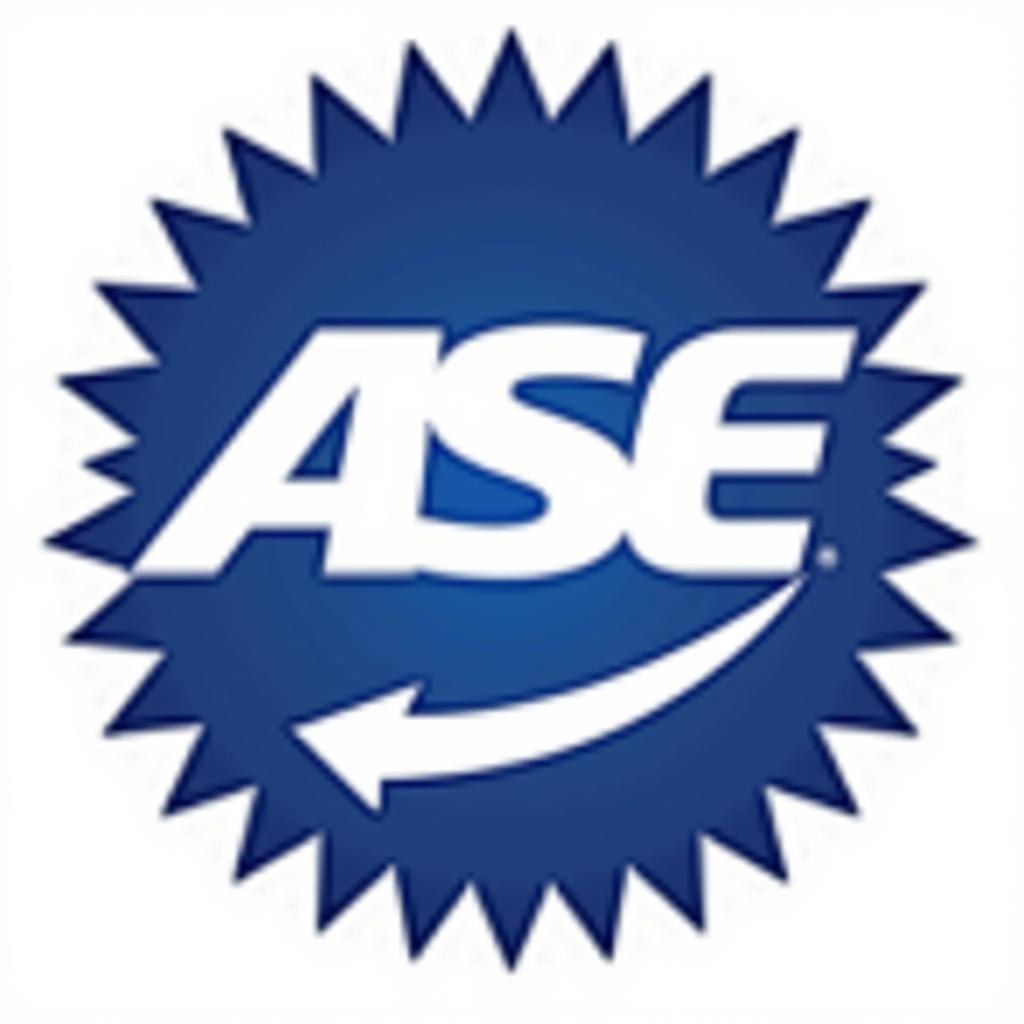 Close-up of an ASE certification logo displayed prominently in a car repair shop.