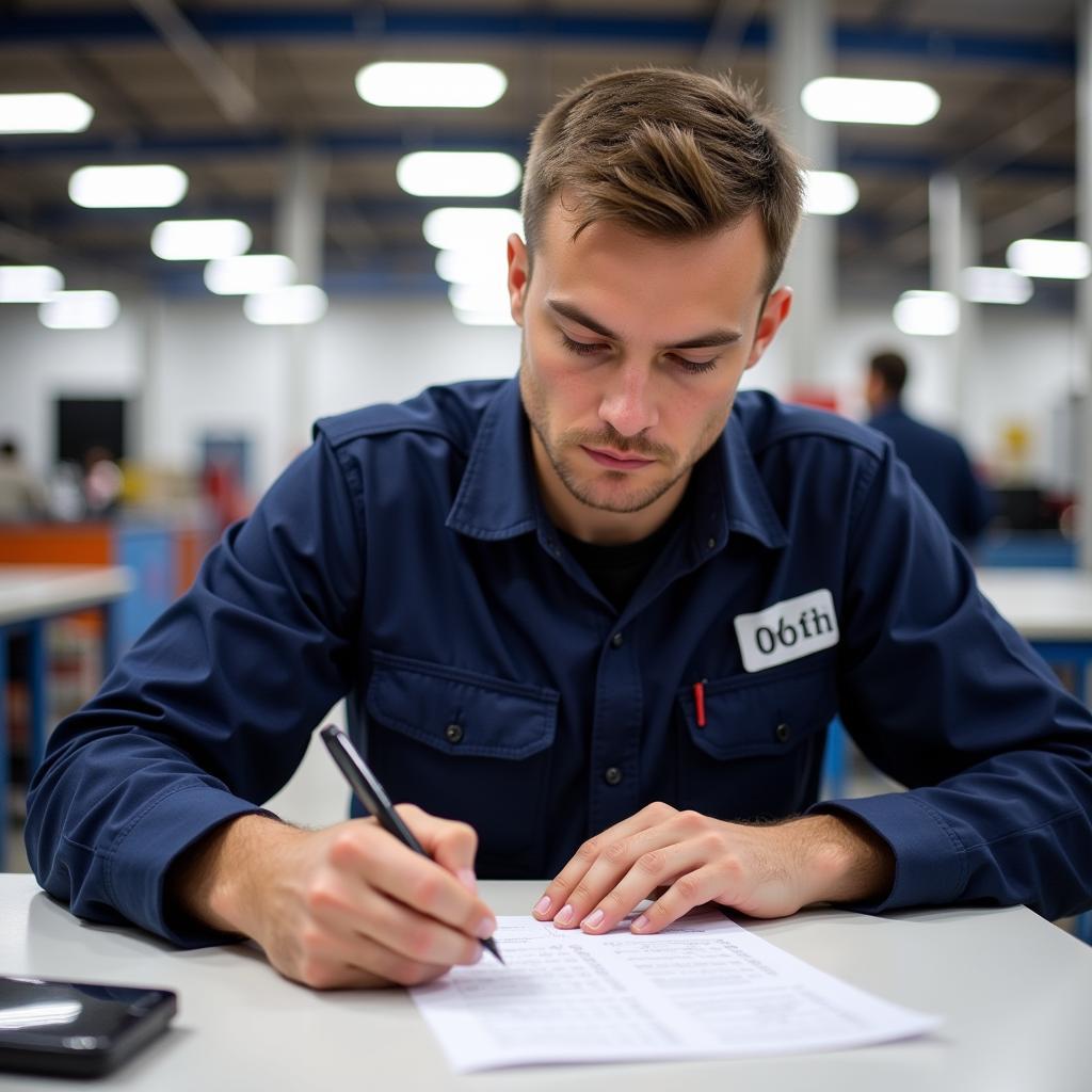 Mechanic taking ASE certification test