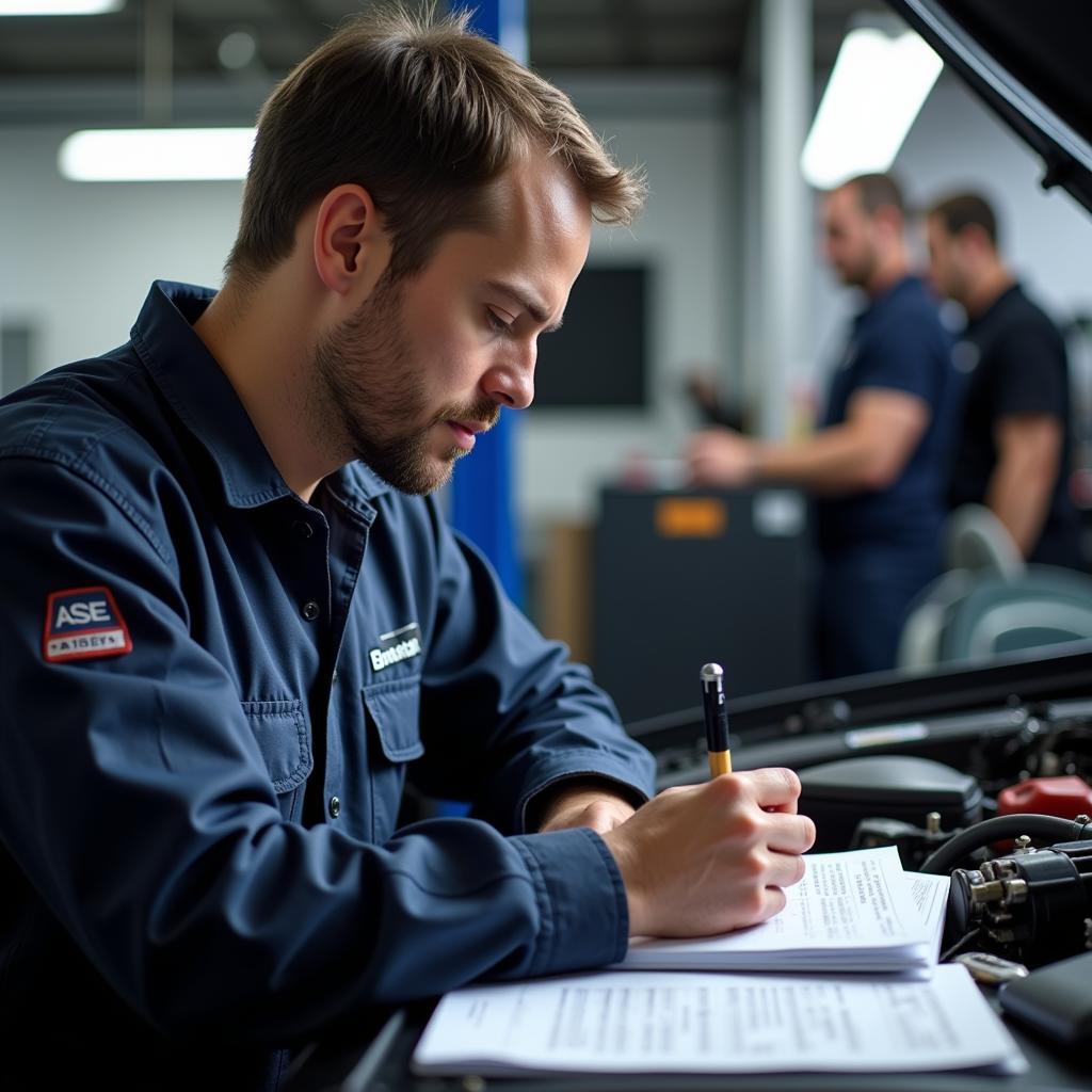 Mechanic taking ASE certification test