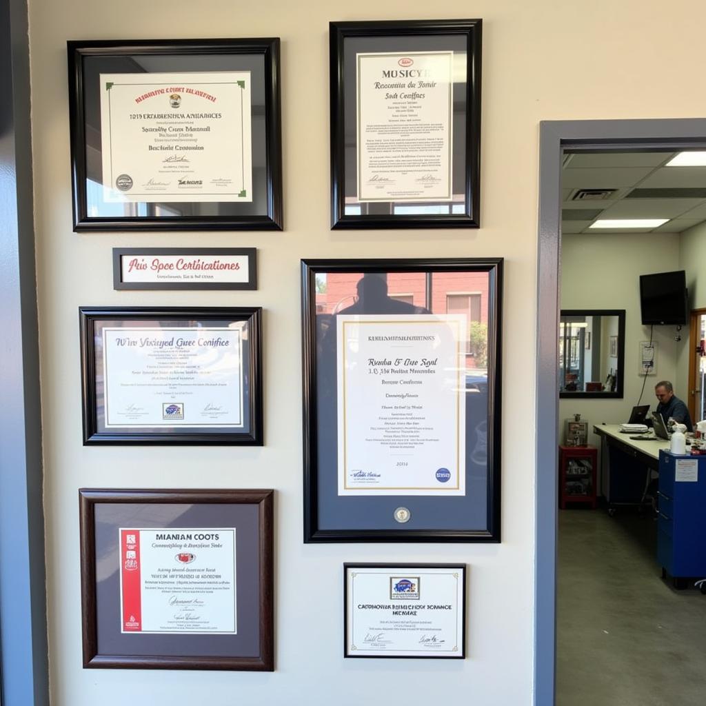 ASE certifications proudly displayed on the wall of a Bakersfield auto repair shop