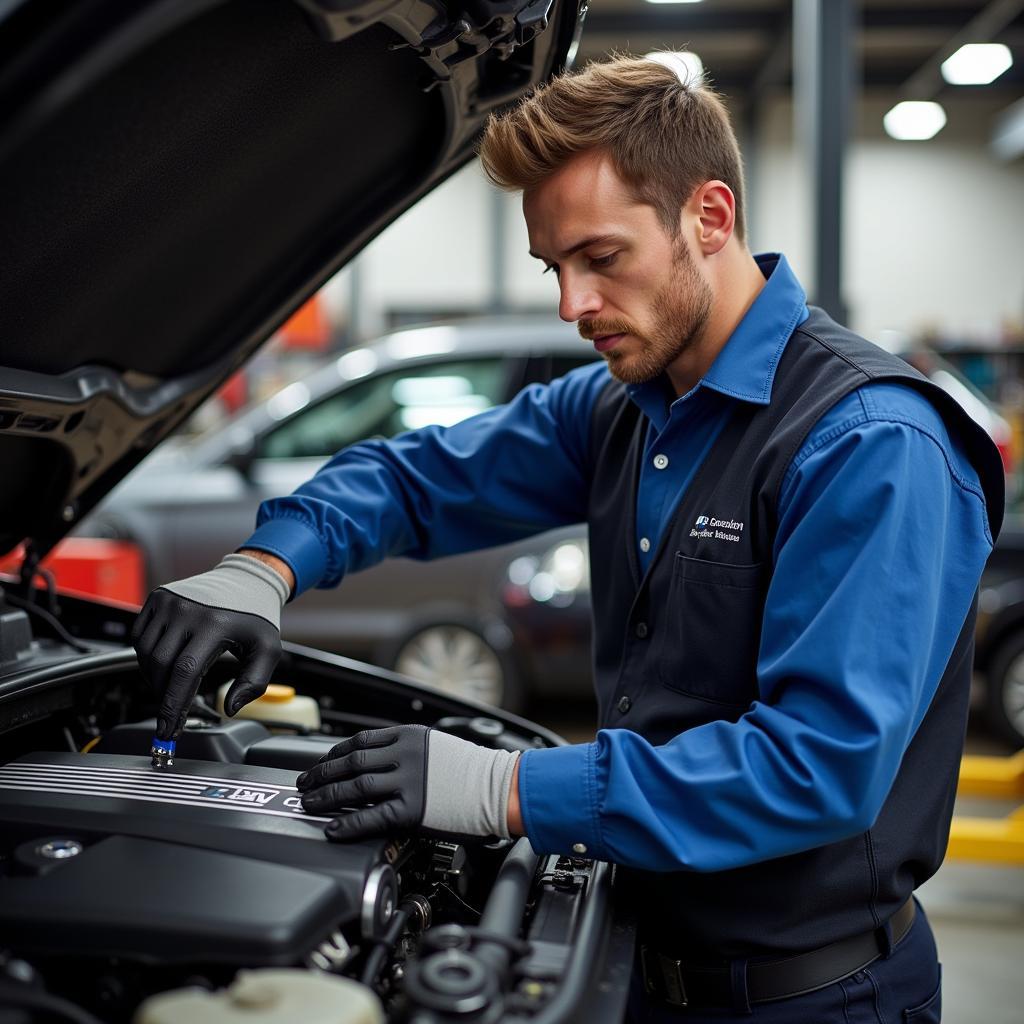 ASE Certified BMW Mechanic Working on Engine