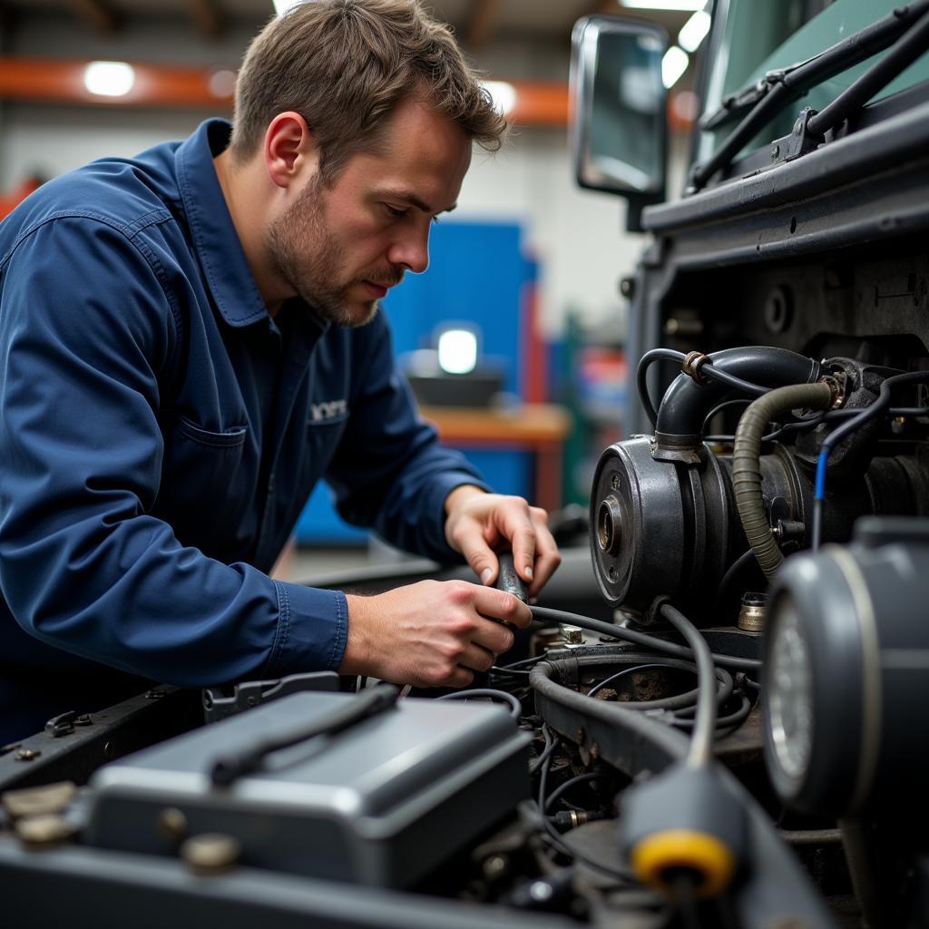 ASE Certified Diesel Mechanic Inspecting Engine