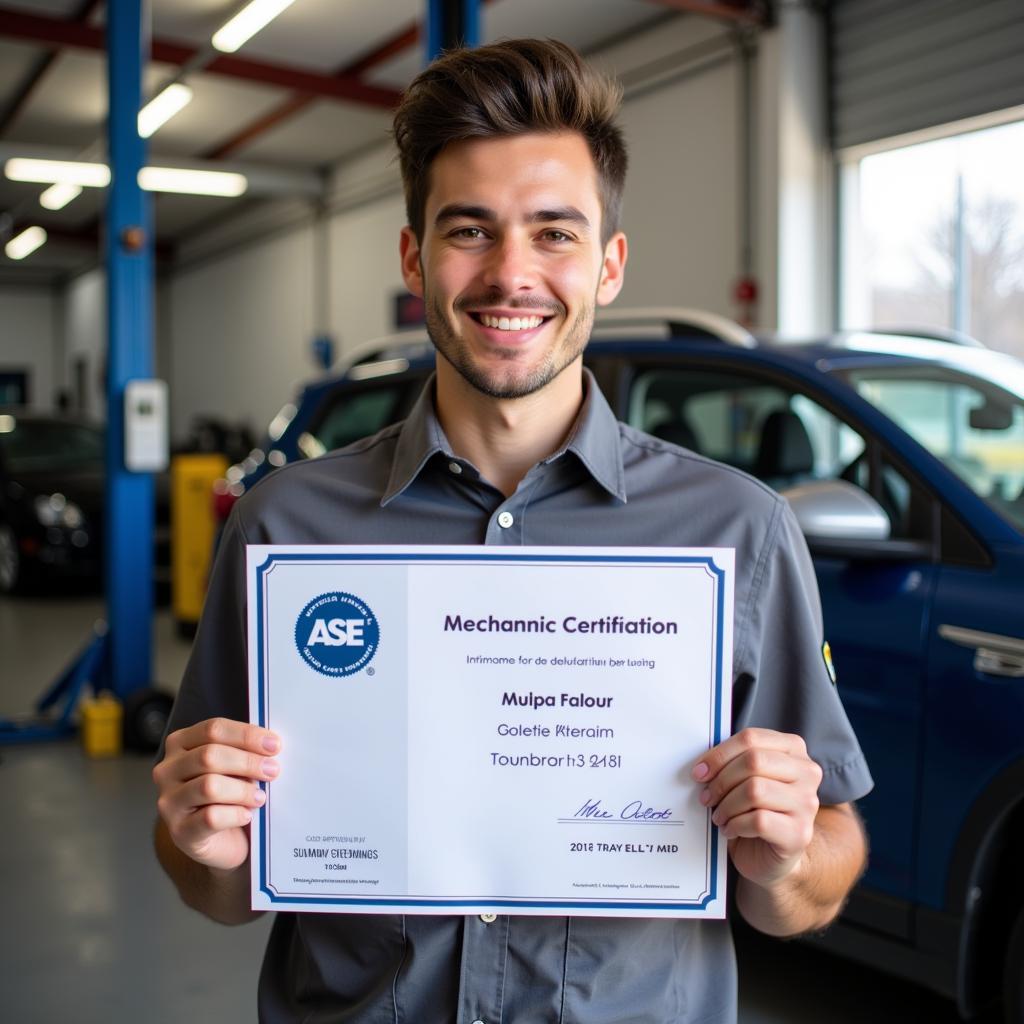 An ASE certified mechanic proudly displays his certificate.