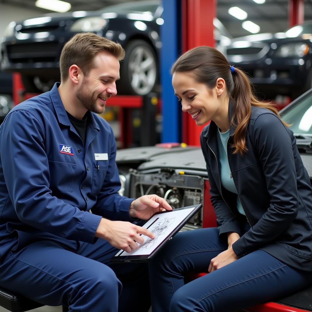 ASE Certified Mechanic Explaining Car Repair to Customer