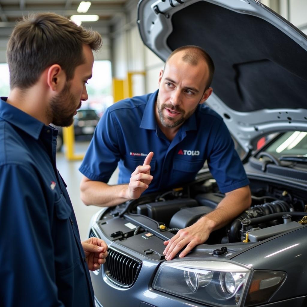 ASE Certified Mechanic Explaining Car Repair to Customer