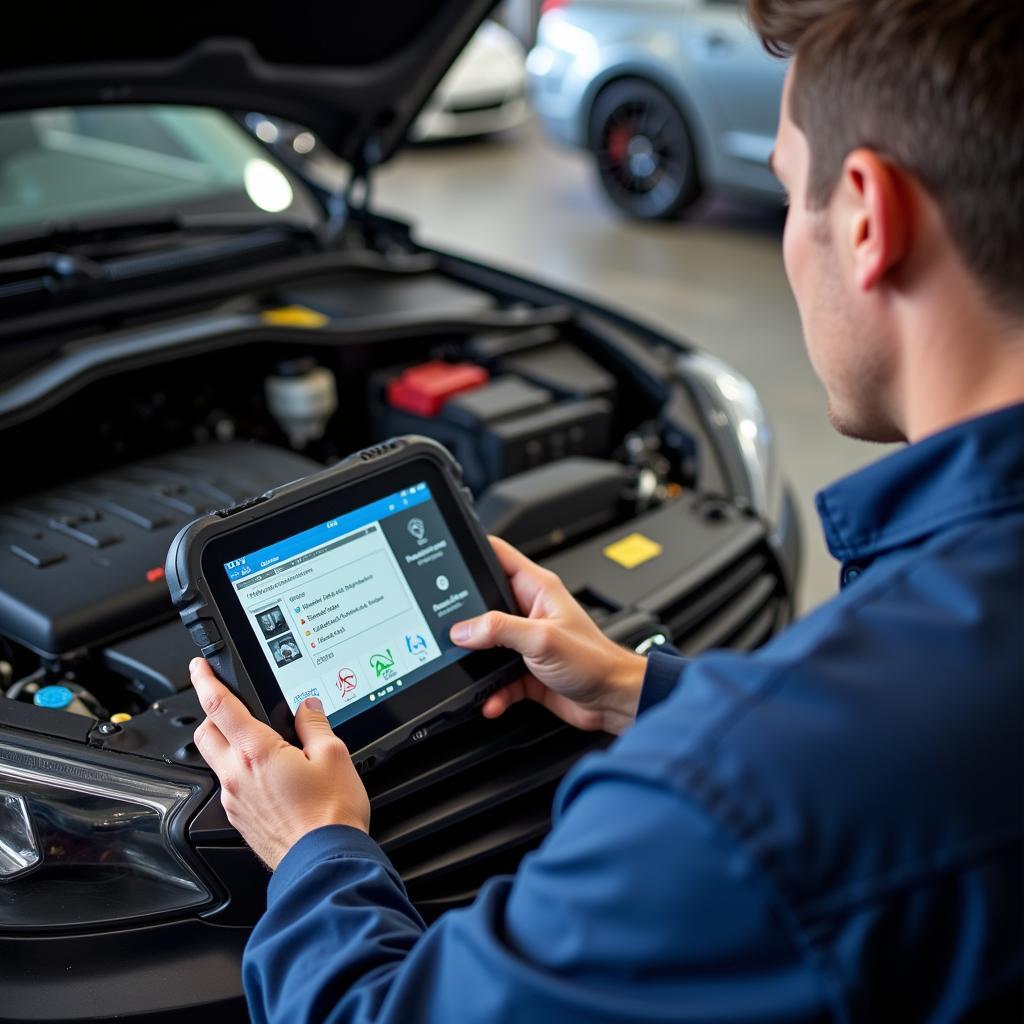 ASE Certified Mechanic in Illinois Using Diagnostic Tool