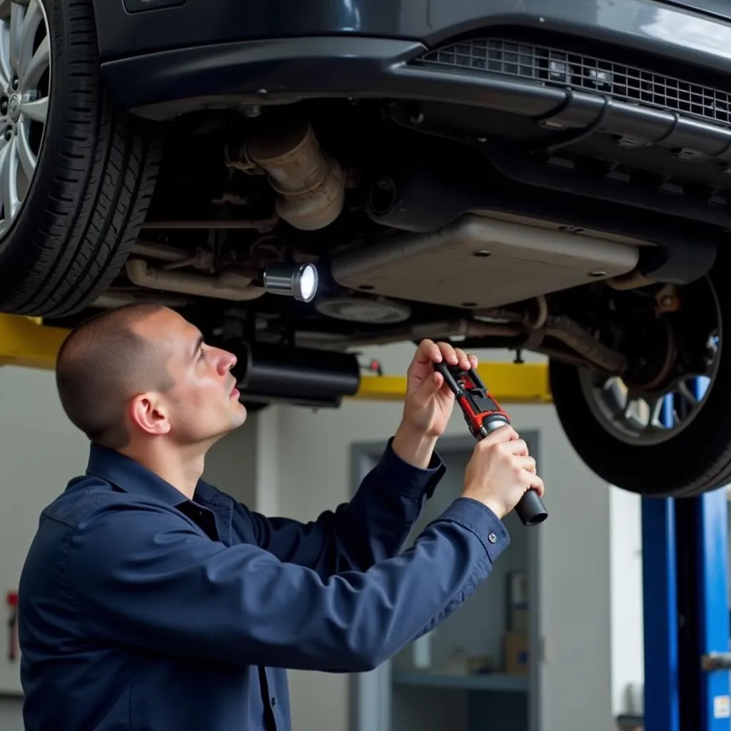 ASE Certified Mechanic Inspecting Car Undercarriage