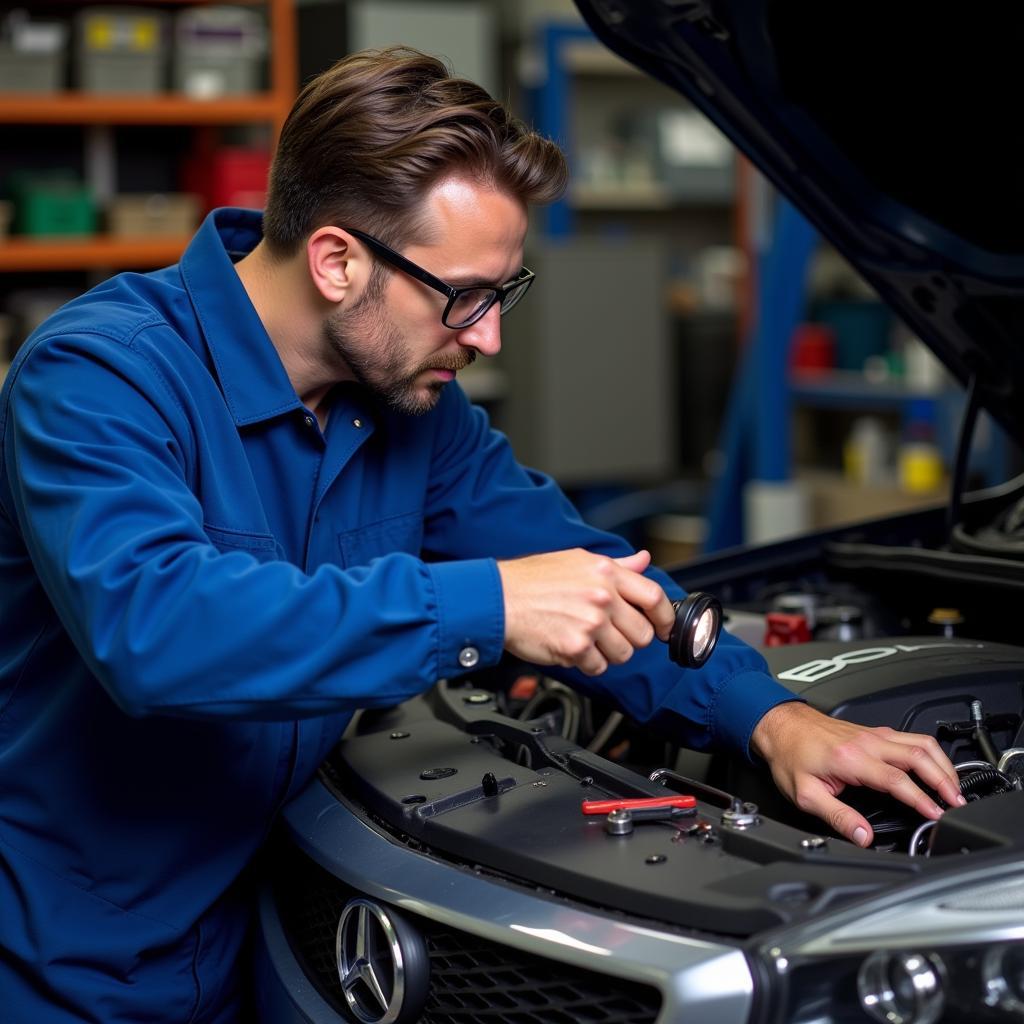 ASE Certified Mechanic Inspecting Engine