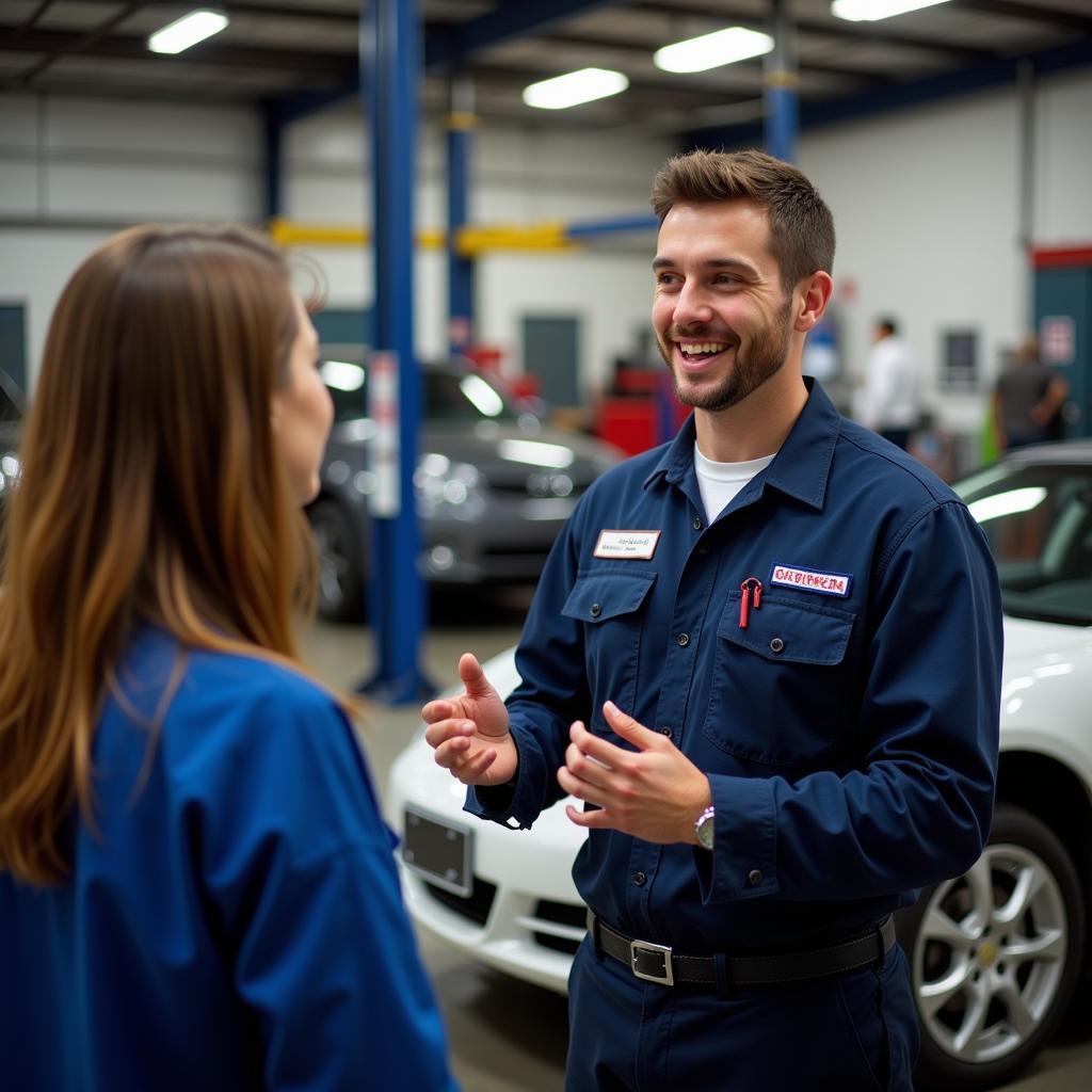 ASE certified mechanic talking to a customer in Ocala, FL