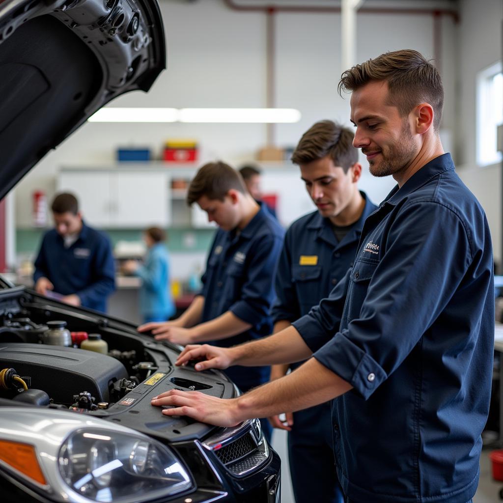 Students working on a car in an ASE certified mechanic school in the Bay Area