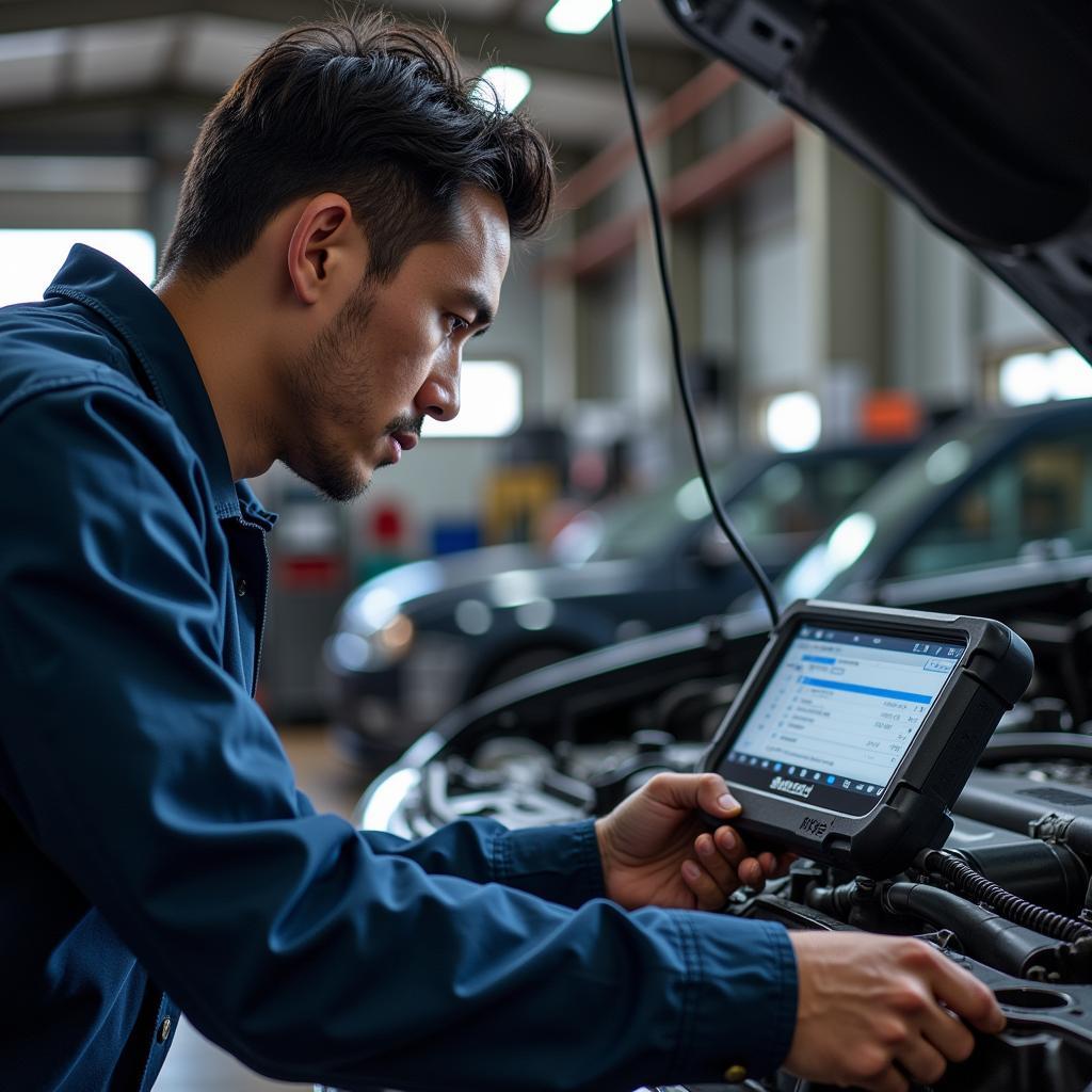 ASE certified mechanic using a diagnostic tool