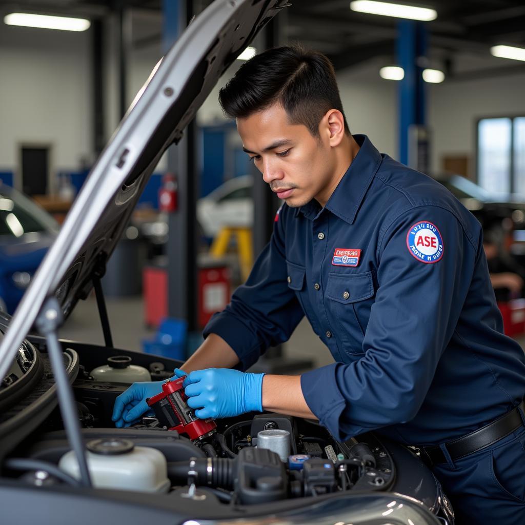 ASE Certified Mechanic Working in Shop