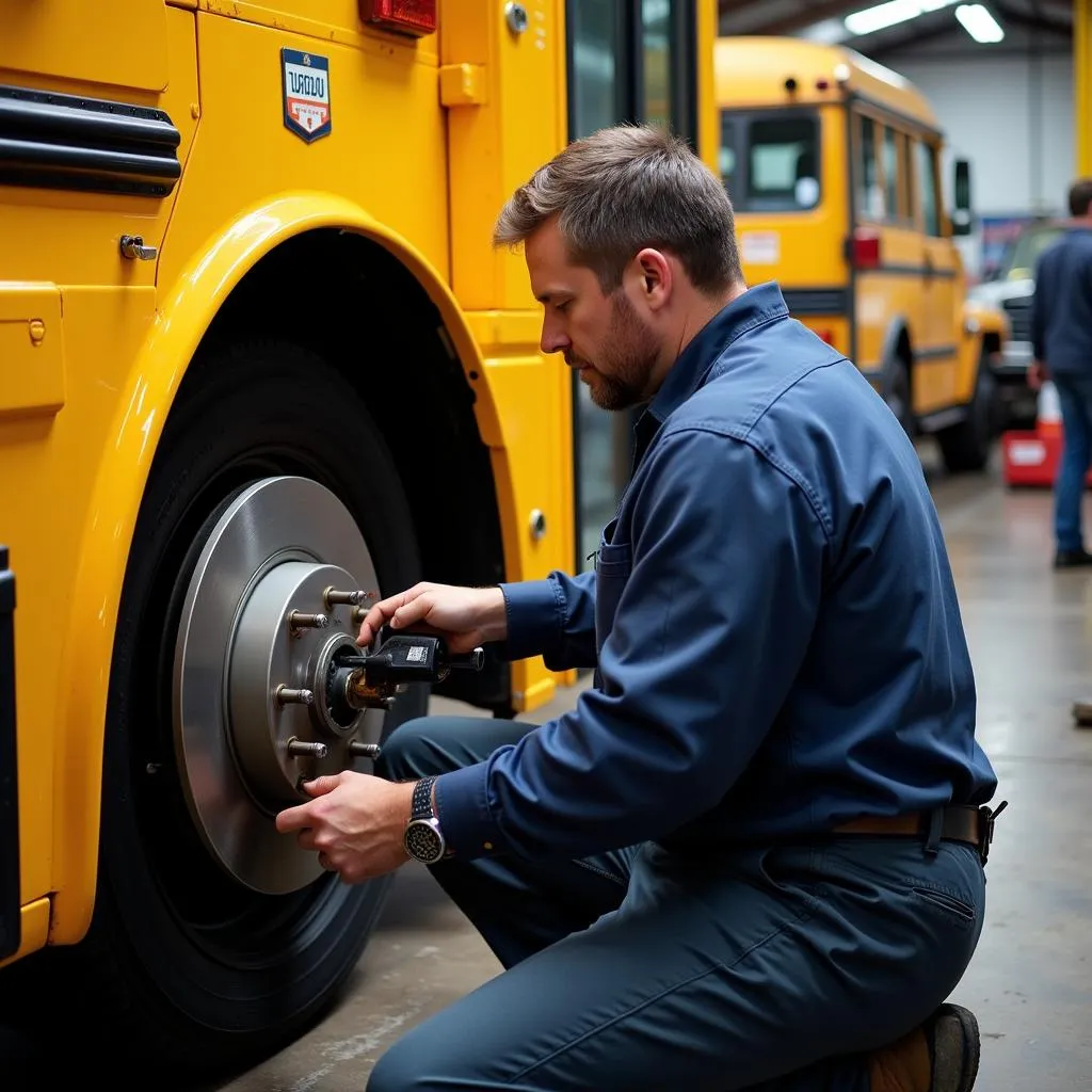 ASE Certified Mechanic Inspecting School Bus Brakes