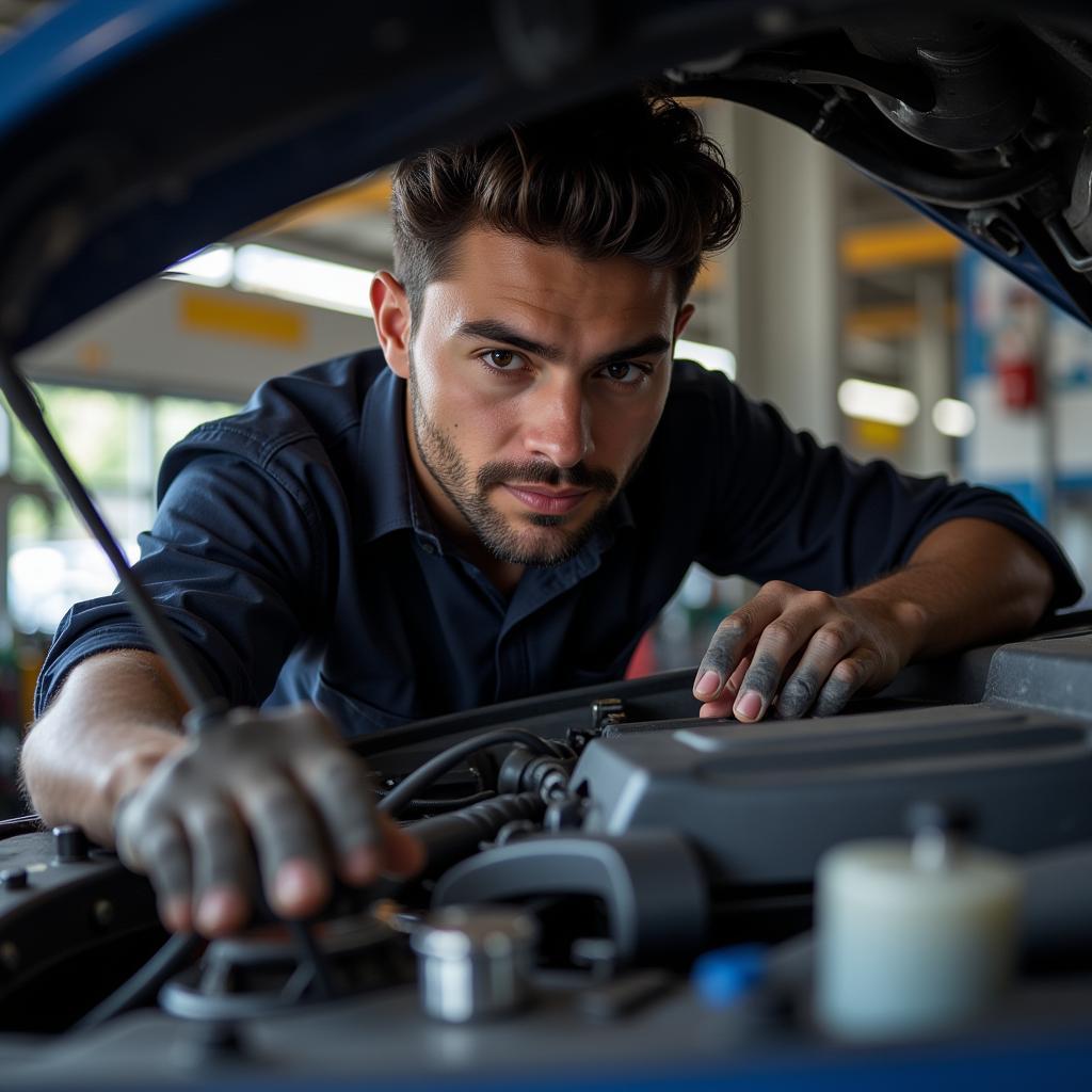 ASE Certified Mechanic Working on a Car