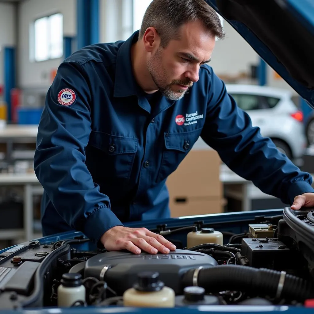 ASE Certified Mechanic Inspecting Car Engine