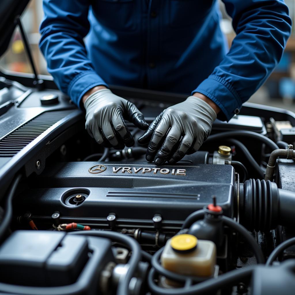 ASE certified Mercedes Benz mechanic working on a car engine